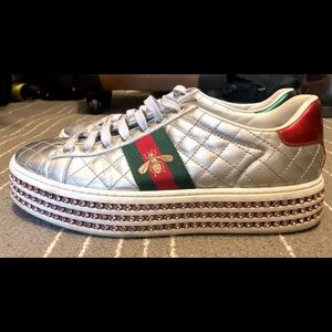 GUCCI ACE CRYSTAL and SILVER QUILTED SNEAKERS
